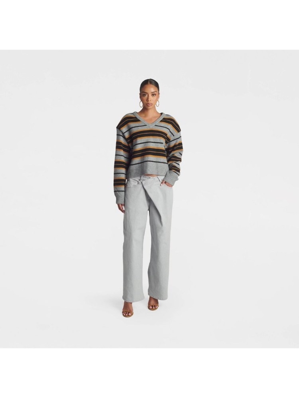 Striped V-Neck Sweater in Gray, Black & Mustard